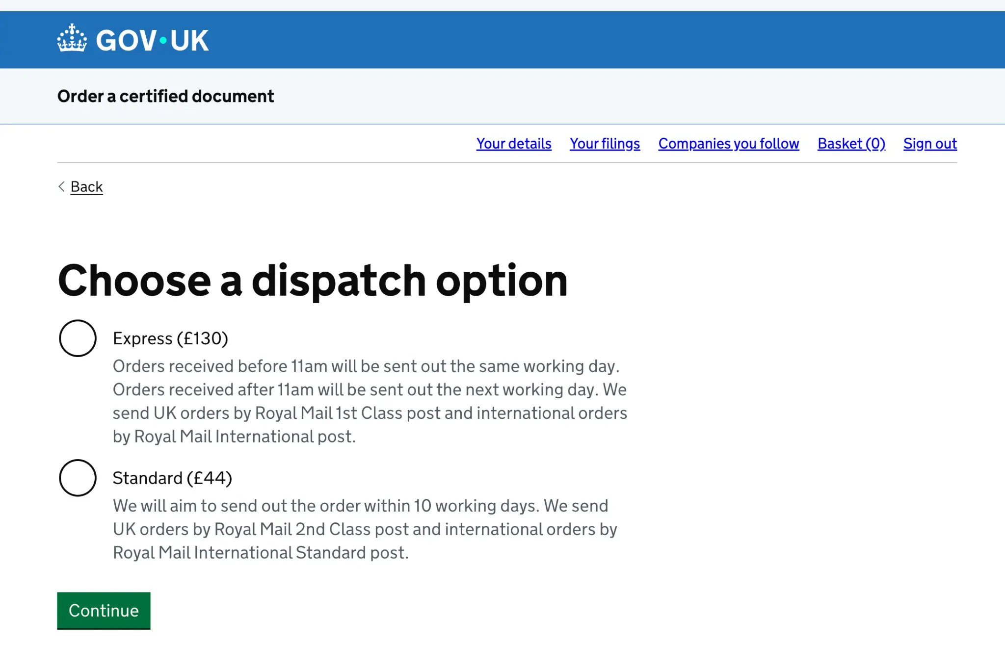 Companies House delivery options showing Standard dispatch at £44 and Express dispatch at £130 for an incorporation document.