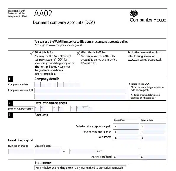 A snapshot of Dormant Company Accounts Form AA02
