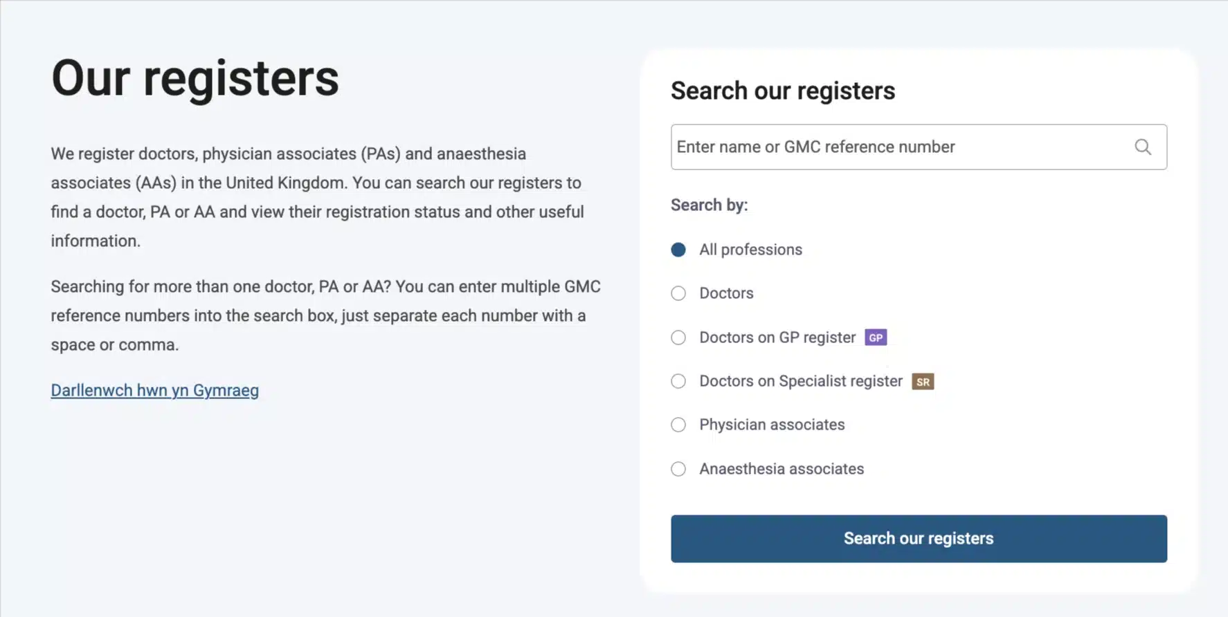 General Medical Council Search register interface