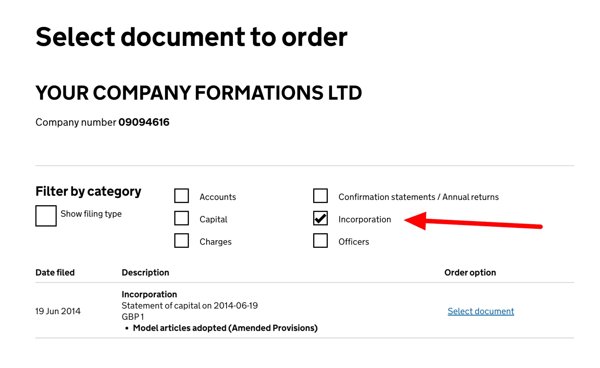 Companies House certified document ordering page showing incorporation documents available to select.