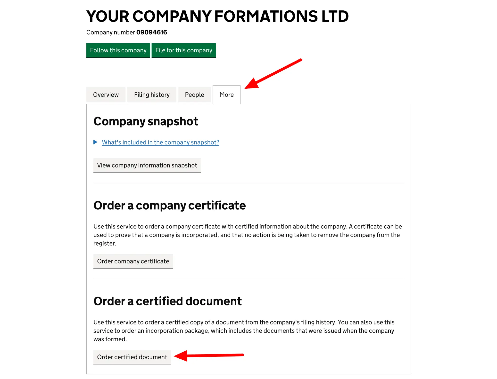 Companies House More tab for Your Company Formations Ltd showing the option to order a certified document.