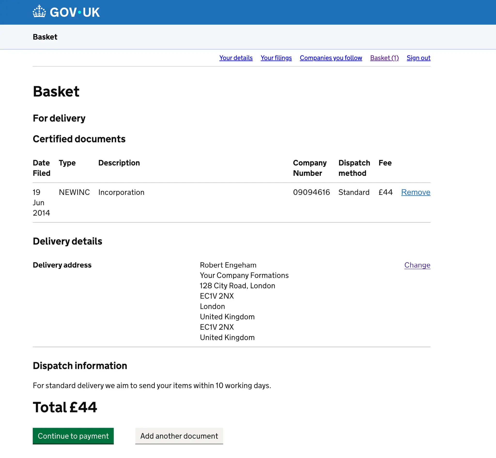 Companies House order basket showing the selected certified incorporation document, delivery details and £44 total.