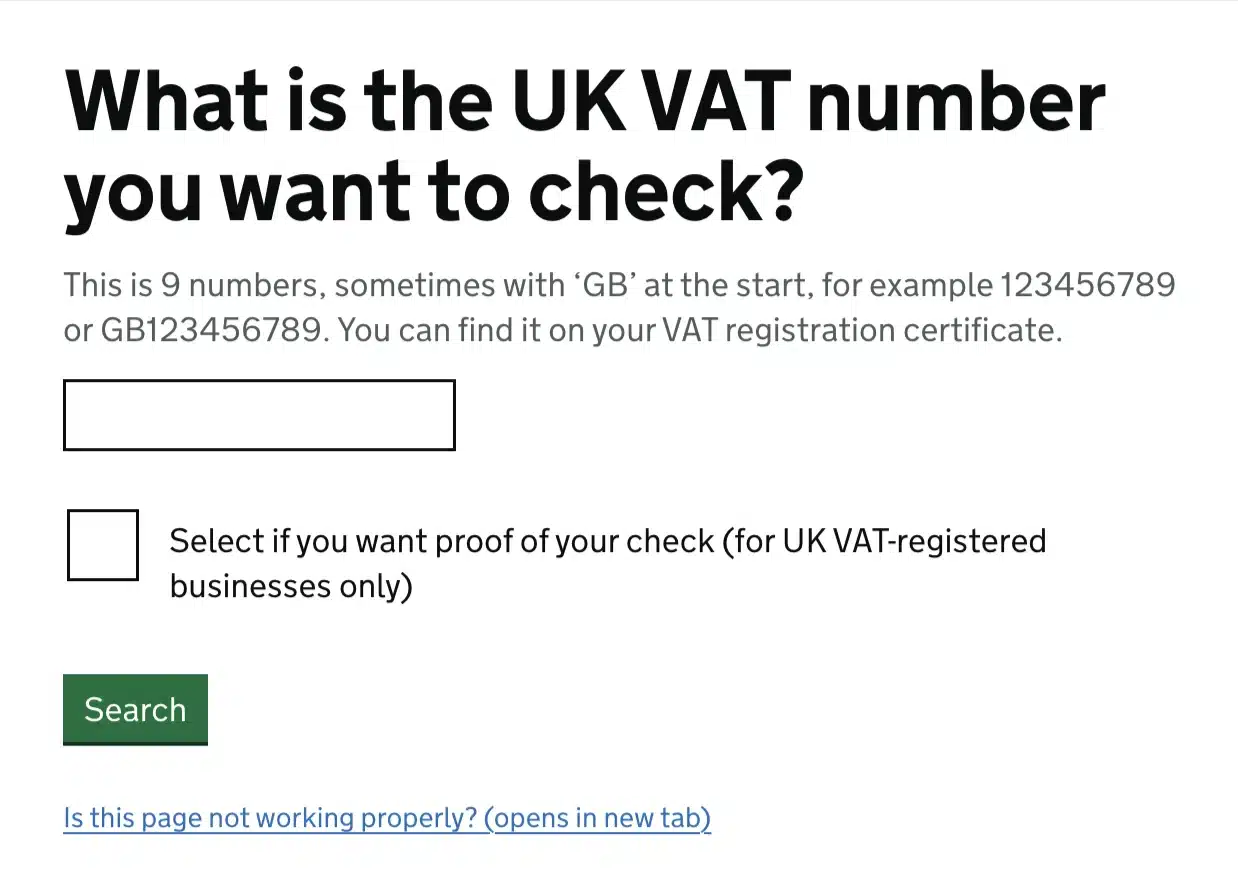 Screenshot of the HMRC VAT Checker showing a valid business record