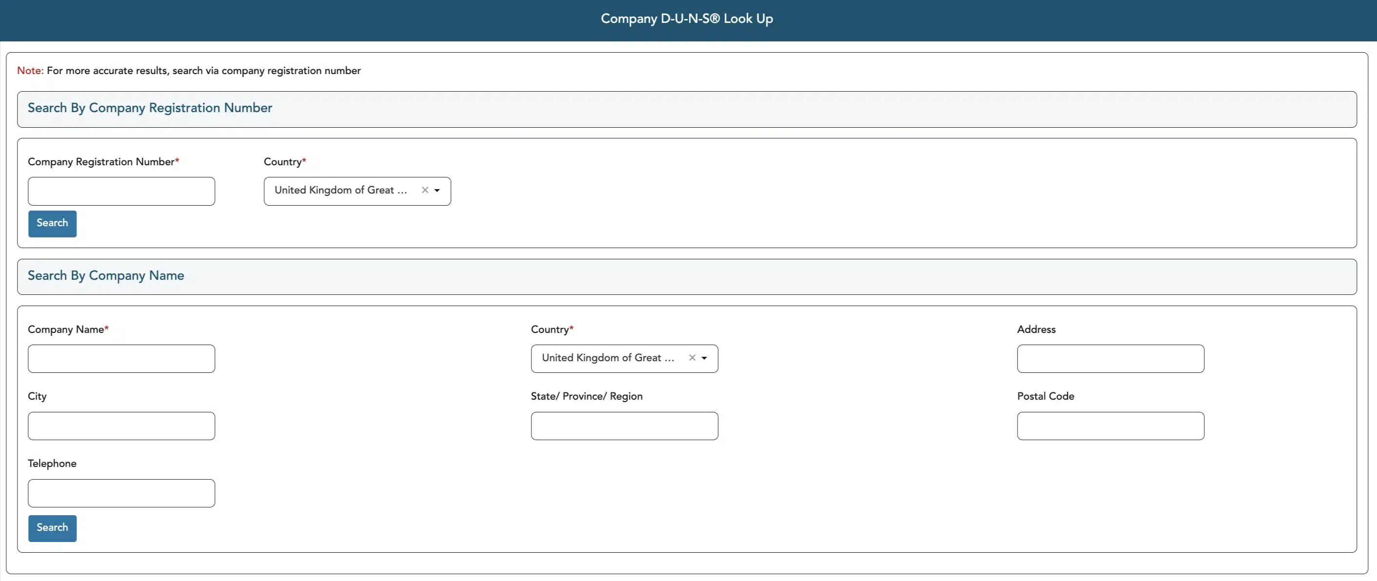Dun & Bradstreet DUNS Number Lookup tool