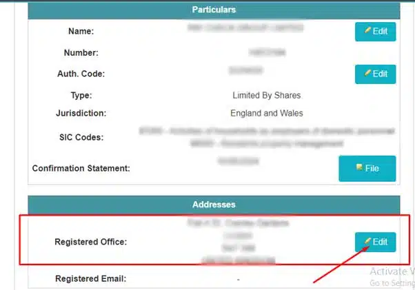 Online Company Manager interface showing My Particulars section with addresses and Edit button with pencil icon next to registered office address
