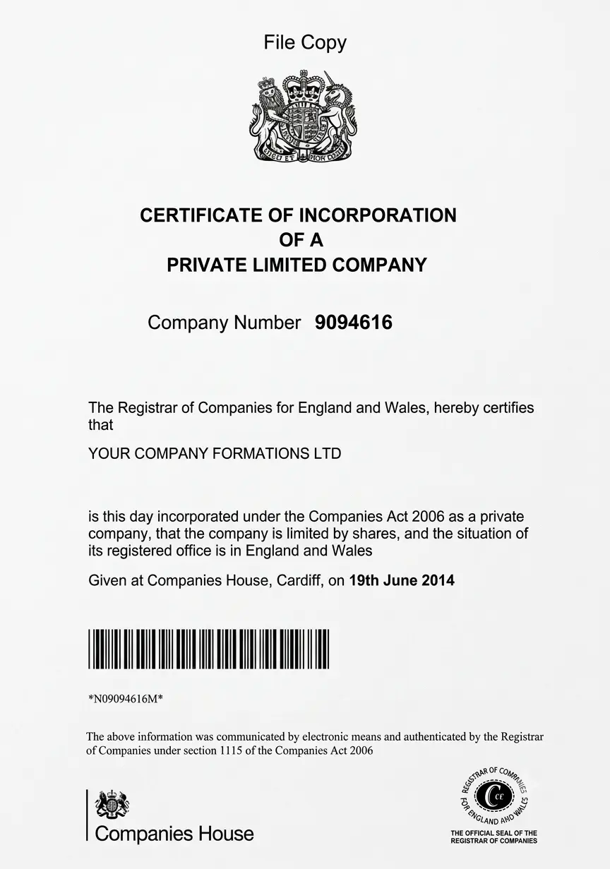 Certificate of Incorporation for Your Company Formations Ltd showing company number 09094616 near the top of the document