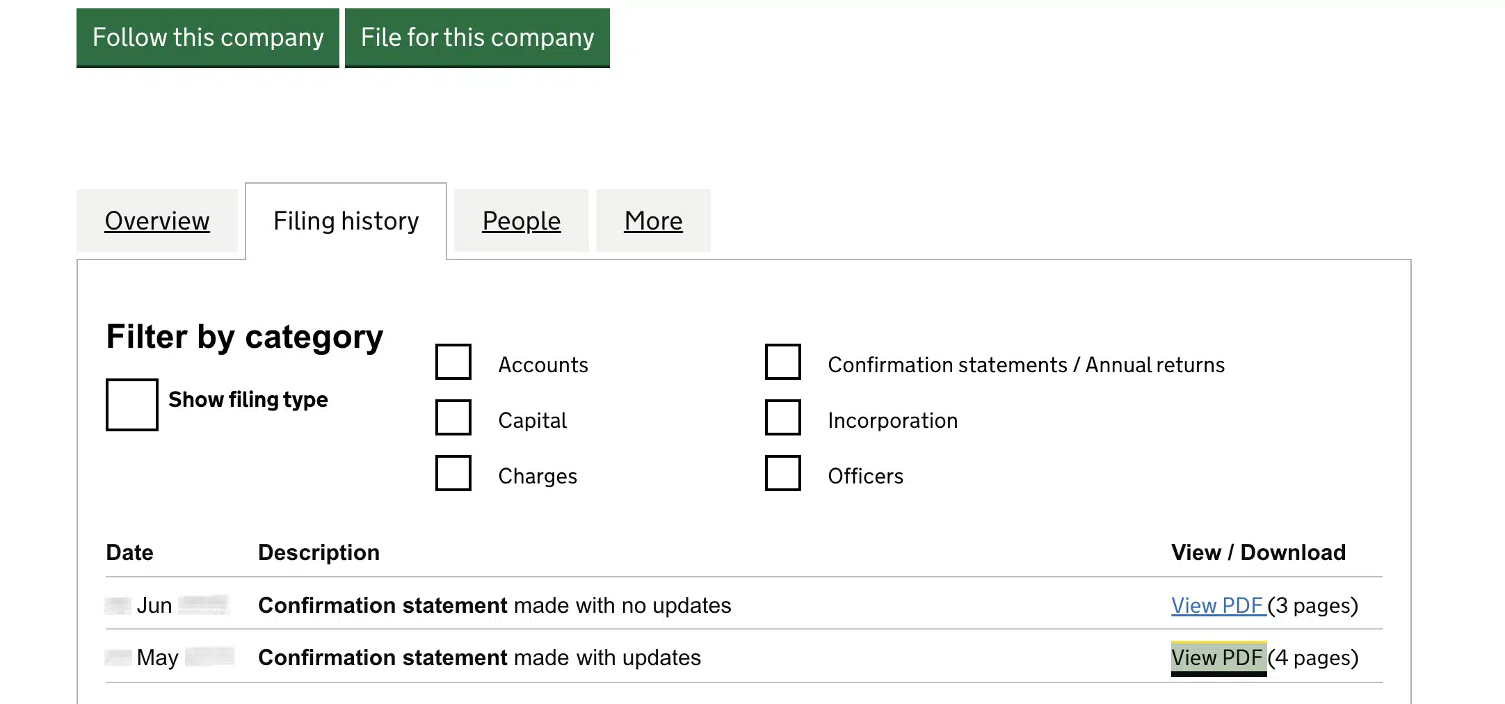 Screenshot of Companies House filing history showing confirmation statements with shareholder details available to view and download as PDF