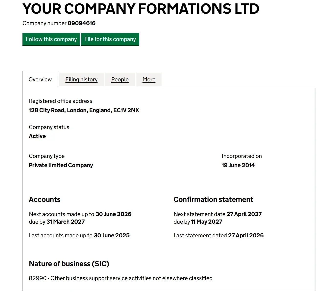 Companies House record for Your Company Formations Ltd showing company number 09094616 below the company name