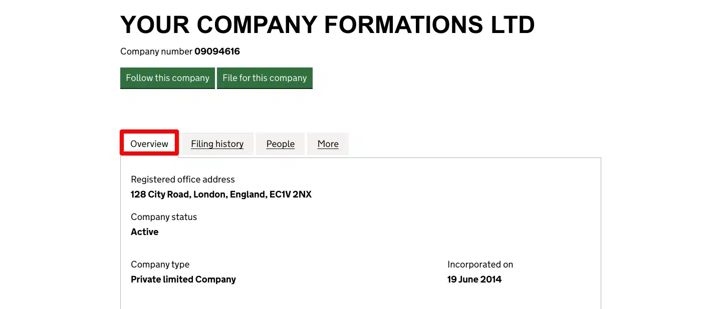 Screenshot of Your Company Formations Ltd company overview on the Companies House register showing registered address, company status and incorporation date
