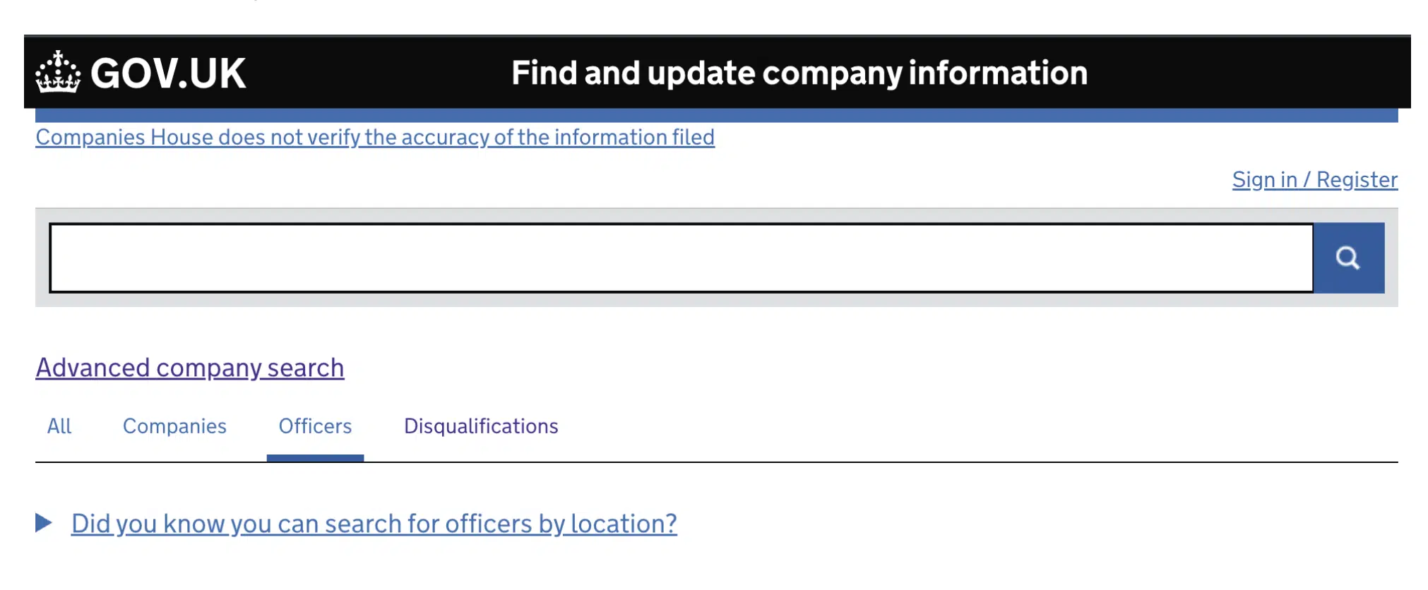 Screenshot of the Companies House find and update company information page showing the Officers tab selected for searching company directors
