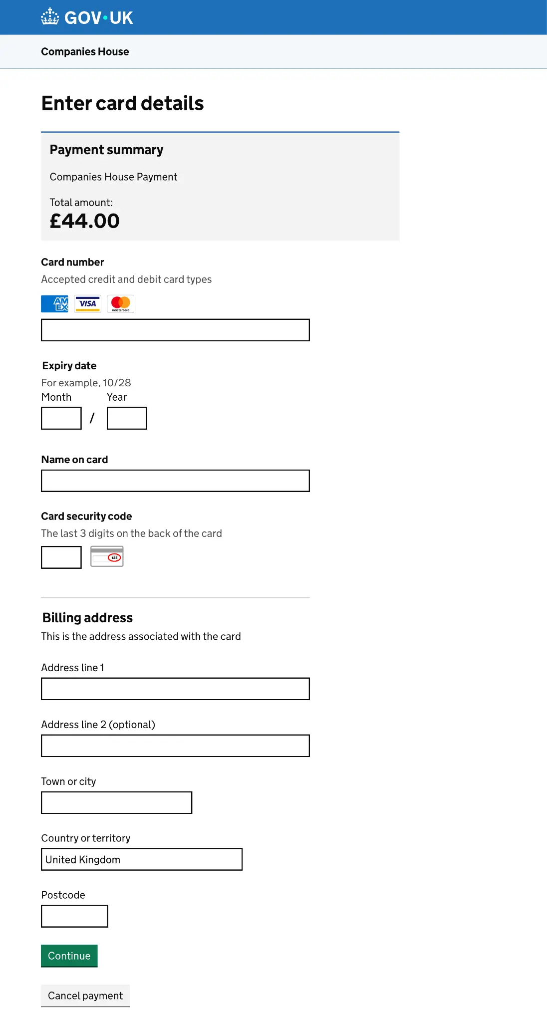 Companies House payment page requesting card details to complete the certified document order.