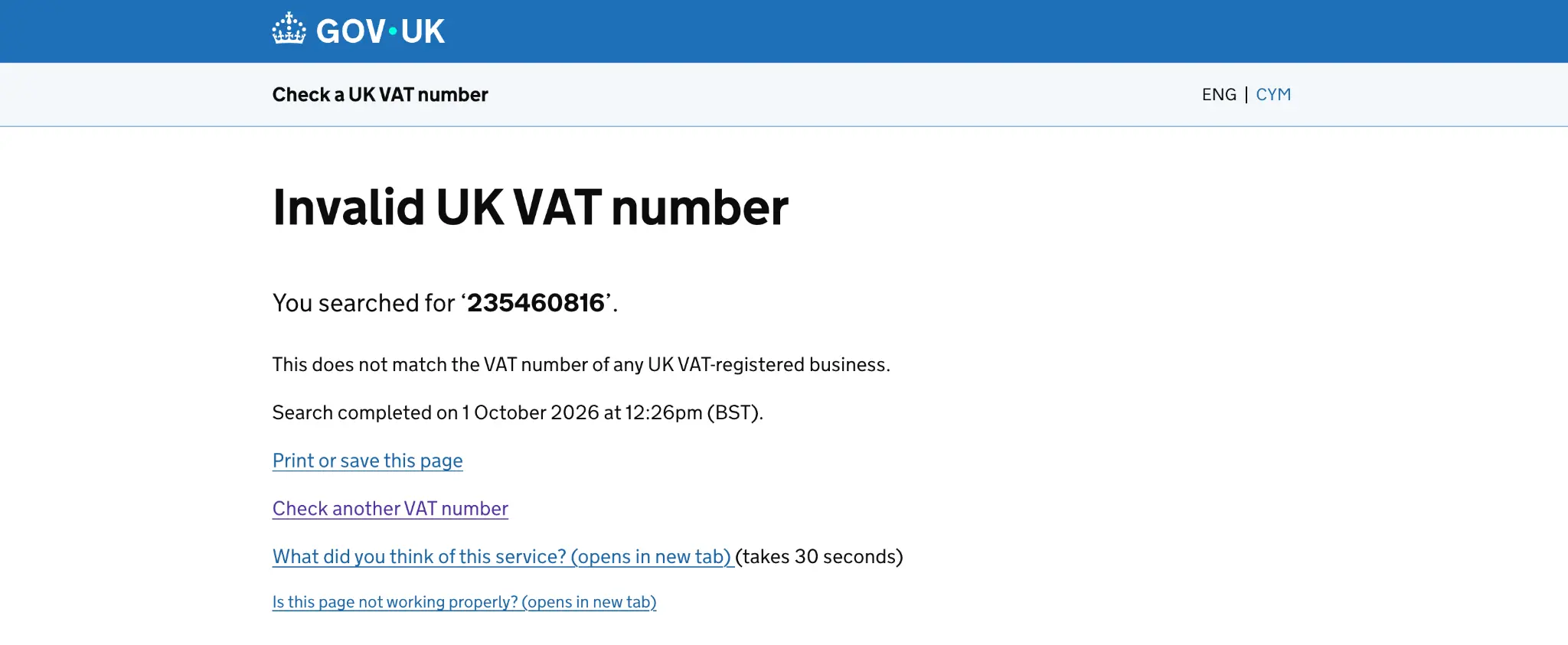 GOV.UK VAT checker showing an altered nine-digit VAT number as invalid