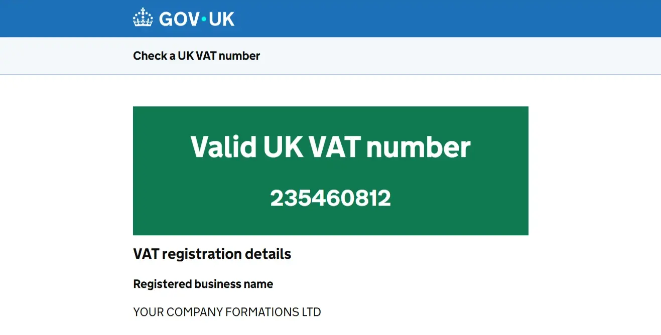 GOV.UK VAT checker showing Your Company Formations Ltd VAT number as valid
