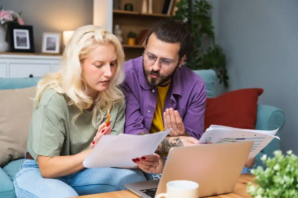 Two people reviewing printed documents together representing the memorandum and articles of association of a private limited company