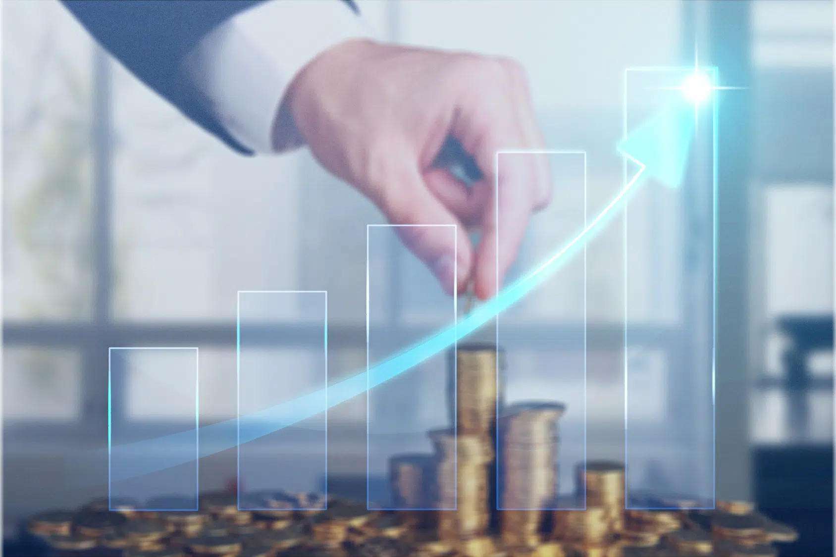 Hand stacking coins with rising bar chart overlay, illustrating Limited Company Shares growth and investment concept