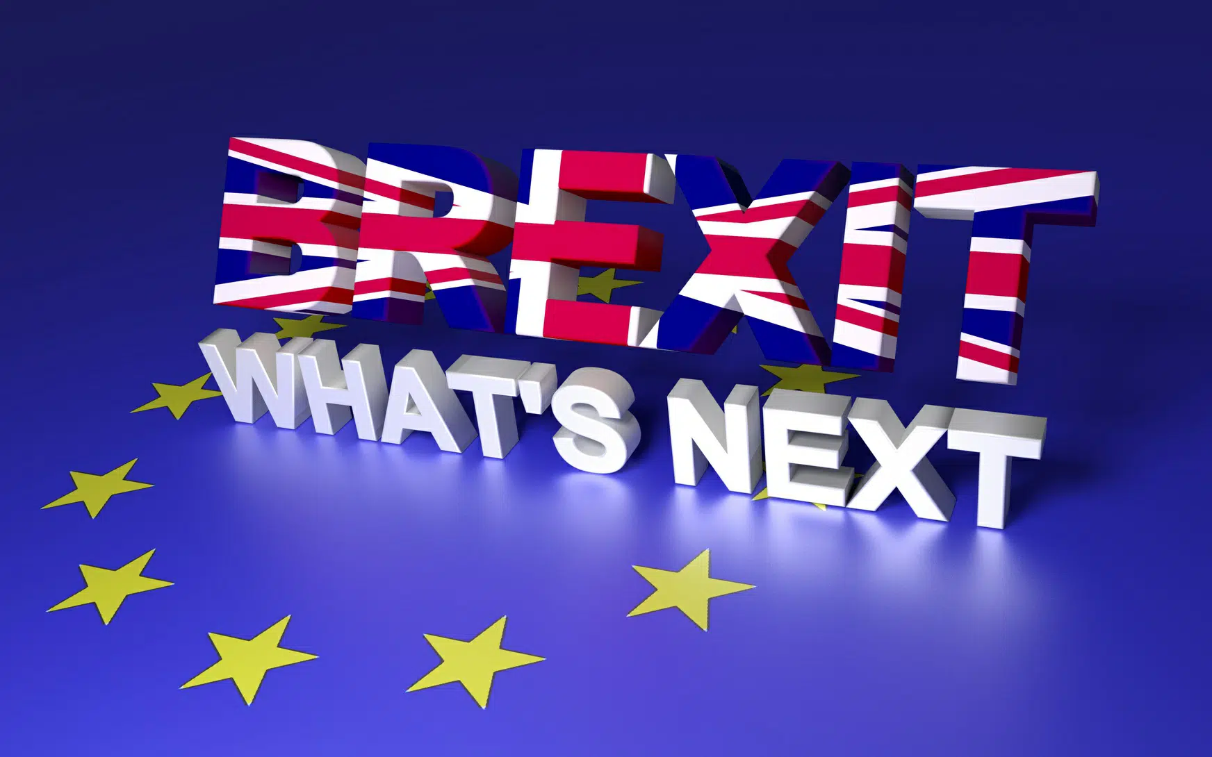3D text Brexit with UK flag colors and “What’s Next” over EU stars illustrating Federation of Small Businesses Brexit wish list