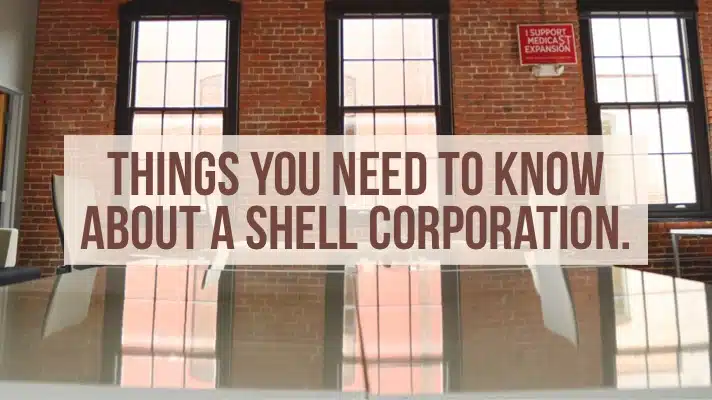 Text overlay about shell corporations on brick office background, illustrating secret company ownership risk to businesses