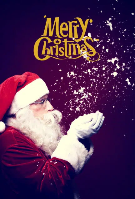 Santa in red suit blowing snow beneath Merry Christmas text, illustrating How to Get Your Start Up on Santa’s Nice List