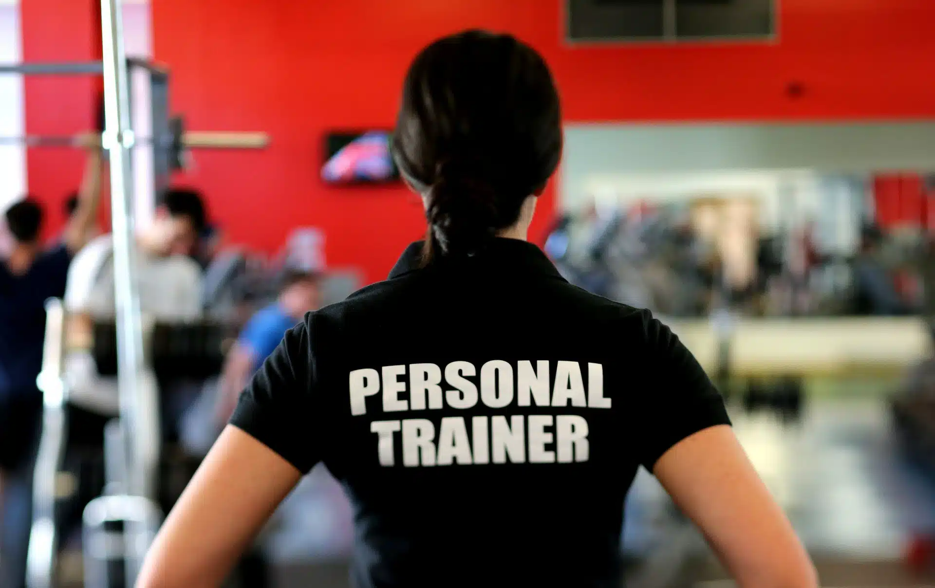 Back view of a person wearing a personal trainer shirt in a gym for personal training business guide